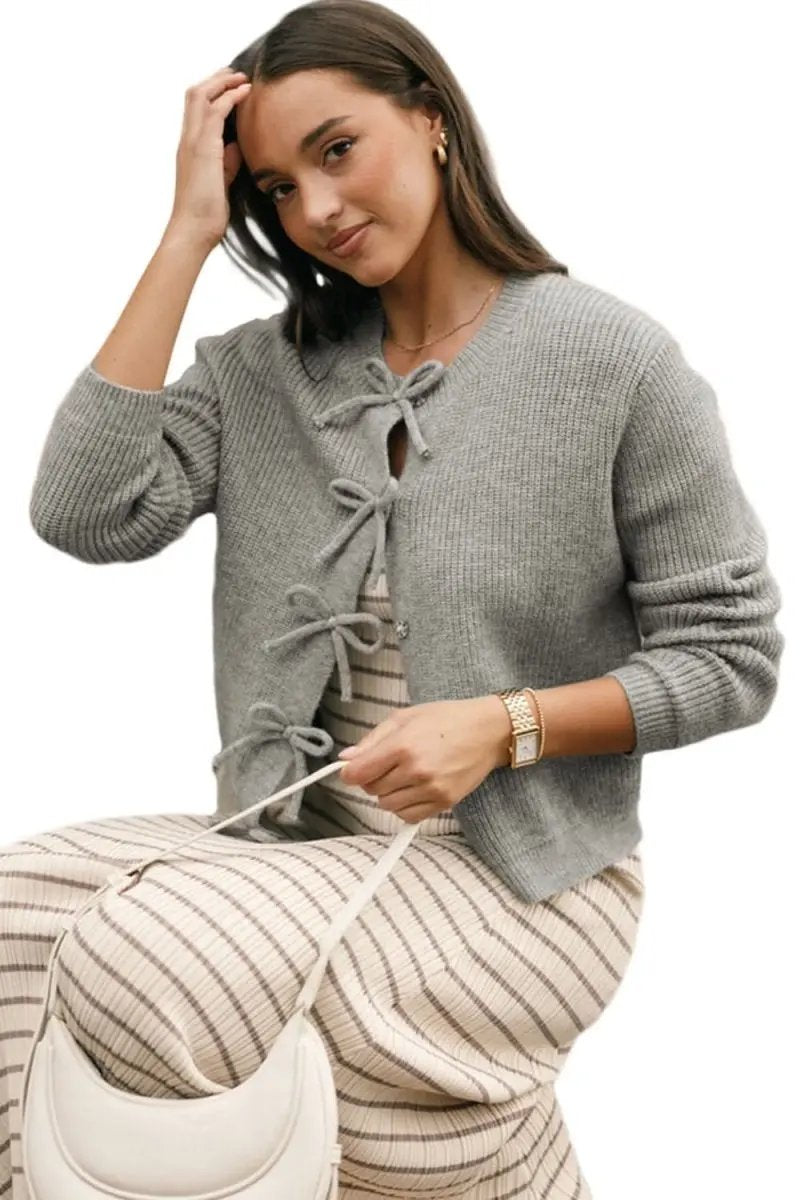 Philippine Gray Ribbed Knit Bow Front Buttoned Cardigan - Love Salve